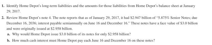 Please answer this 1. Identify Home Depot's long-term liabilities and the amounts