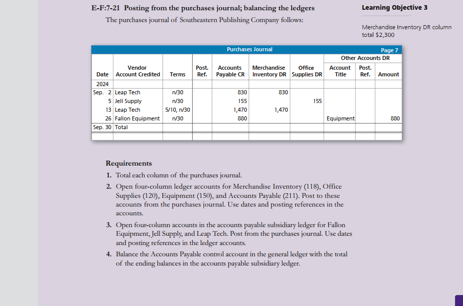  Learning Objective 3 E-F:7-21 Posting from the purchases journal; balancing the