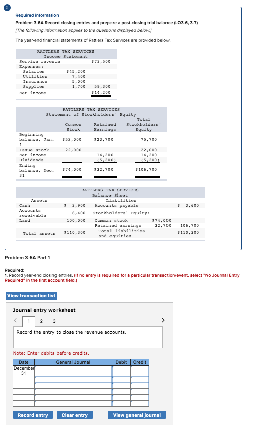 Required information Problem 3-6A Record closing entries and prepare a post-closing