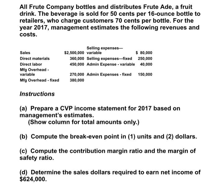 Need help woth this problem ty:) All Frute Company bottles and distributes