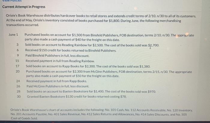  Current Attempt in Progress Oriole's Book Warehouse distributes hardcover books to