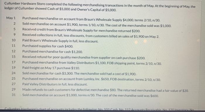  5 9 10 11 Cullumber Hardware Store completed the following merchandising