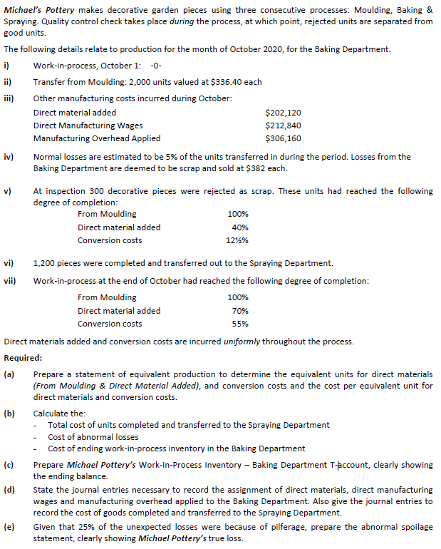 v) Michael's Pottery makes decorative garden pieces using three consecutive processes: