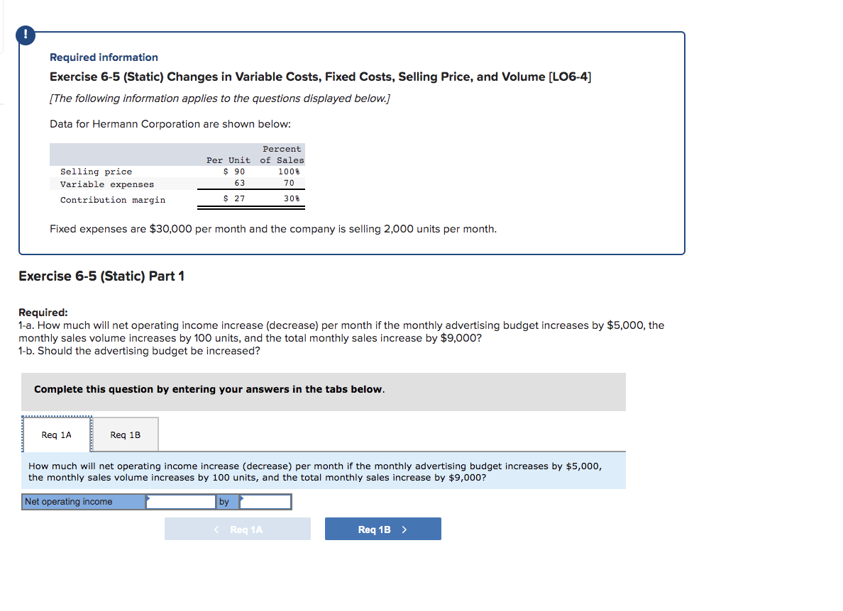  Required information Exercise 6-5 (Static) Changes in Variable Costs, Fixed Costs,