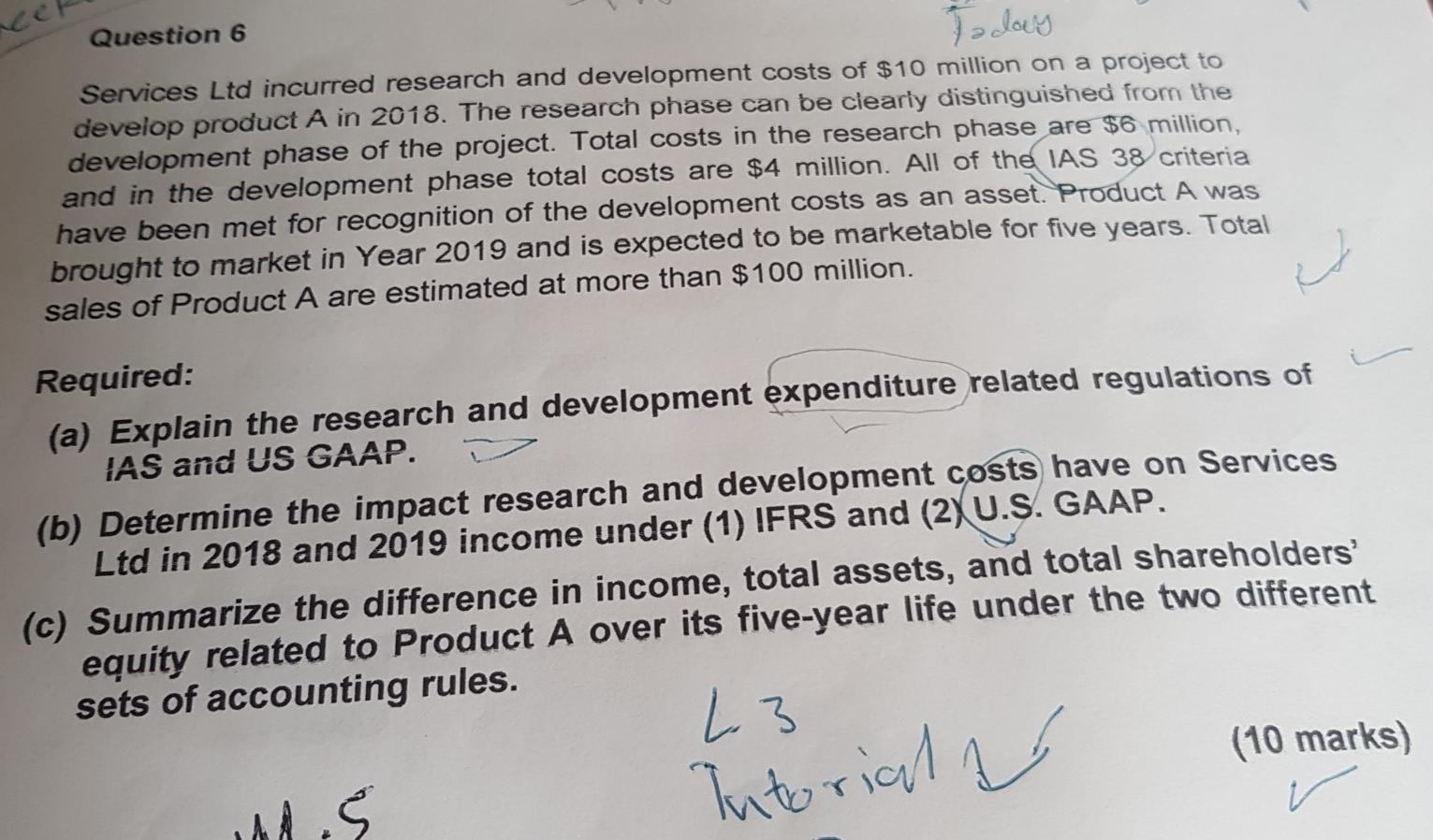  Question 6 Today Services Ltd incurred research and development costs of