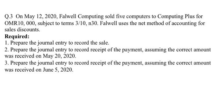  Q.3 On May 12, 2020, Falwell Computing sold five computers to