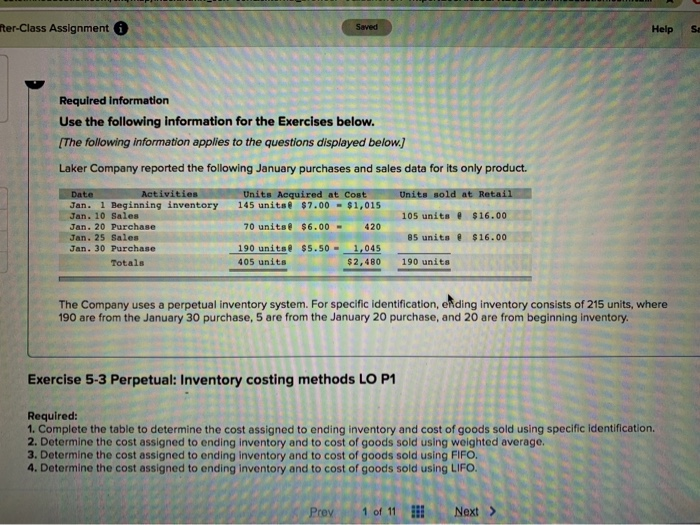  rter-Class Assignment Saved Help SH Required Information Use the following information