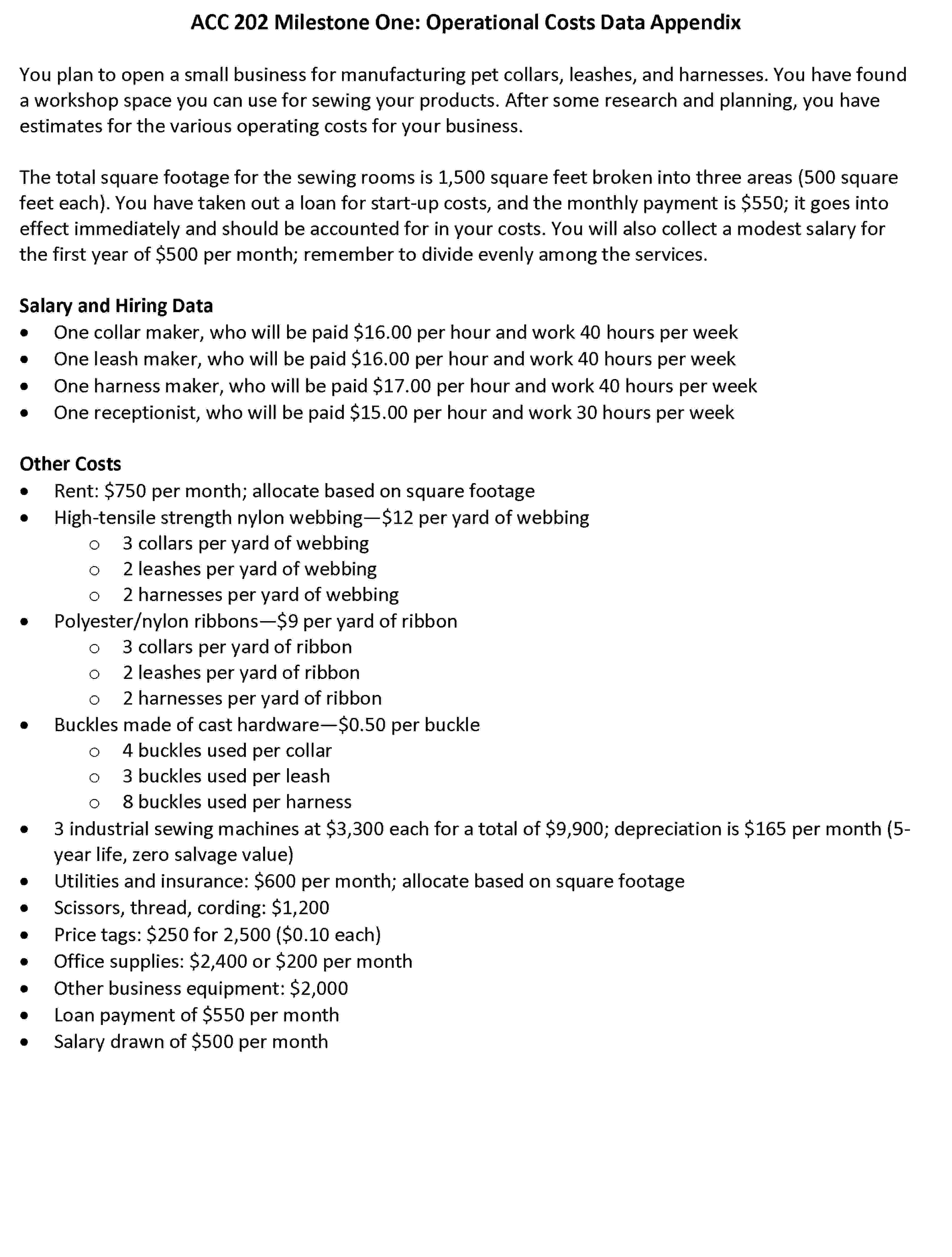  ACC 202 Milestone One: Operational Costs Data Appendix You plan to