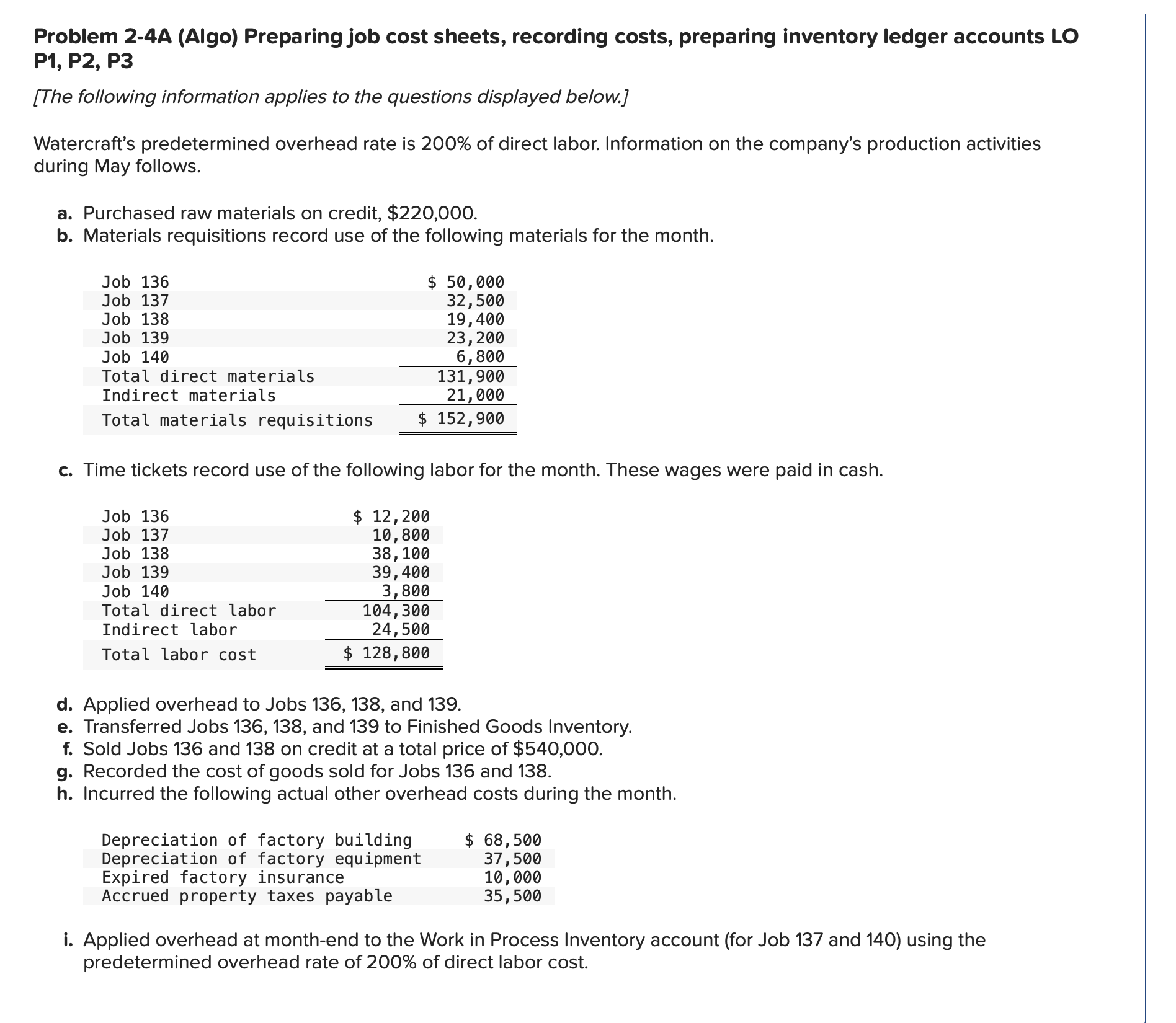  Problem 2-4A (Algo) Preparing job cost sheets, recording costs, preparing inventory