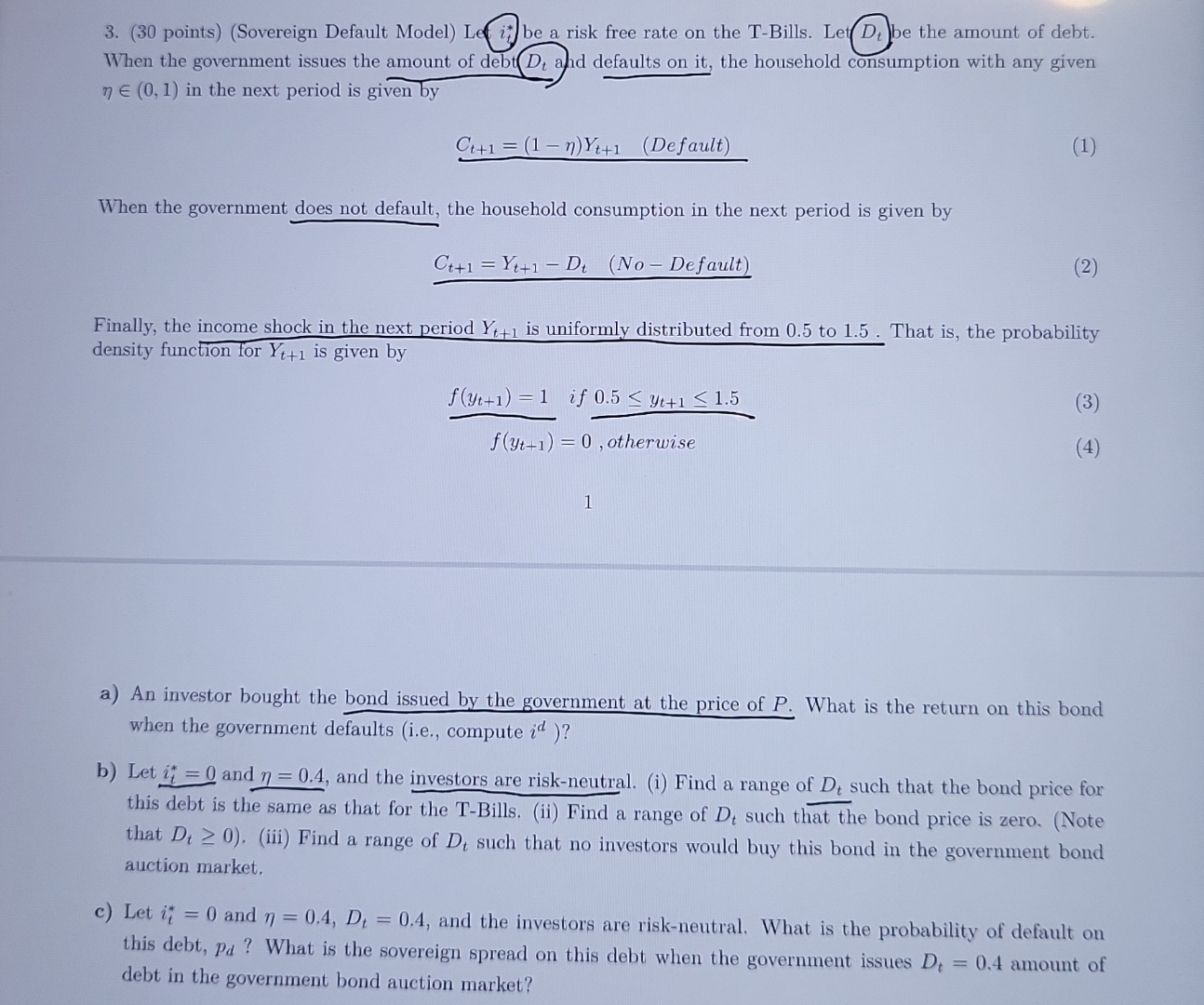  (30 points)(Sovereign Default Model) Le it** be a risk free rate