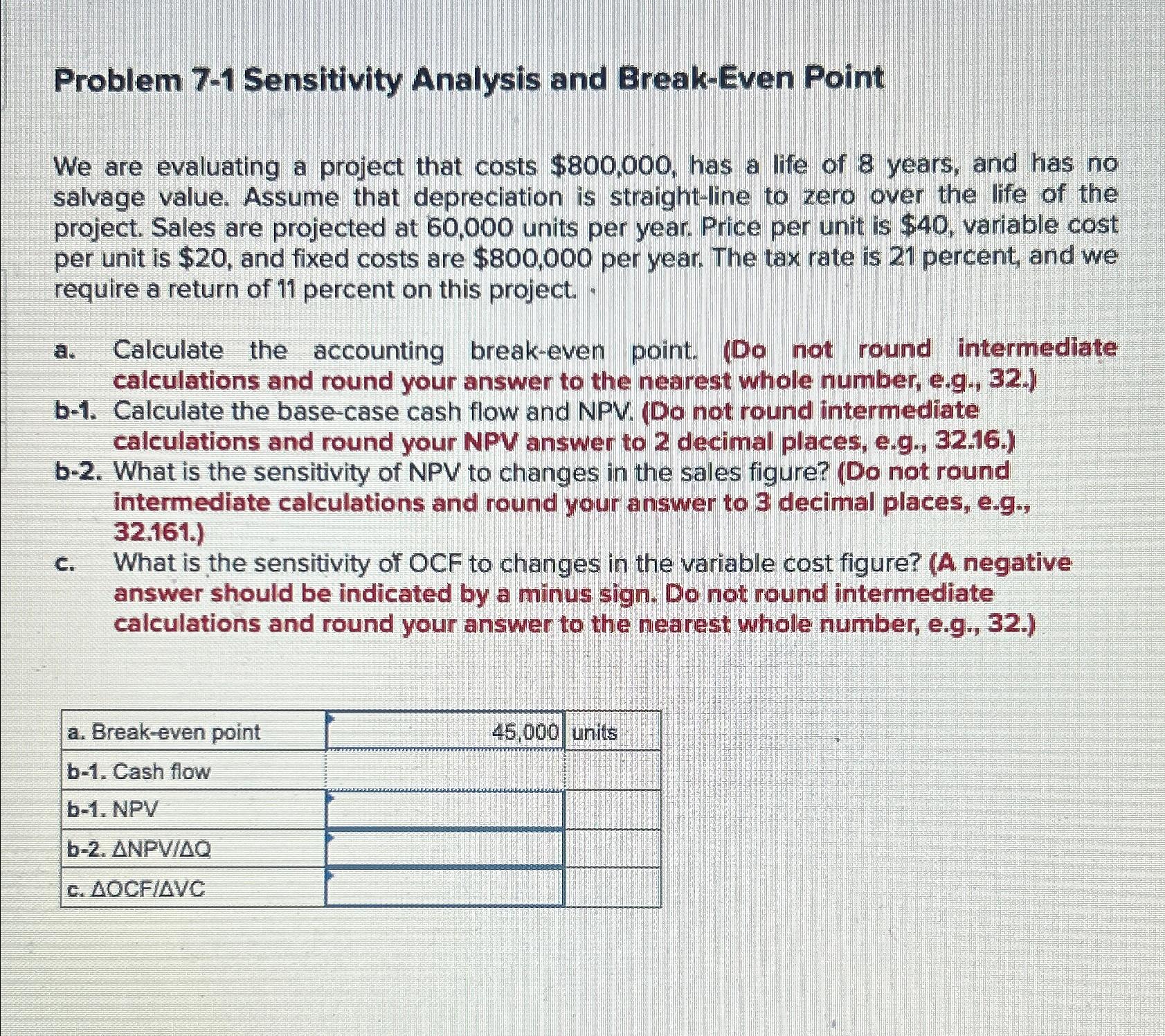  Problem 7-1 Sensitivity Analysis and Break-Even Point We are evaluating a
