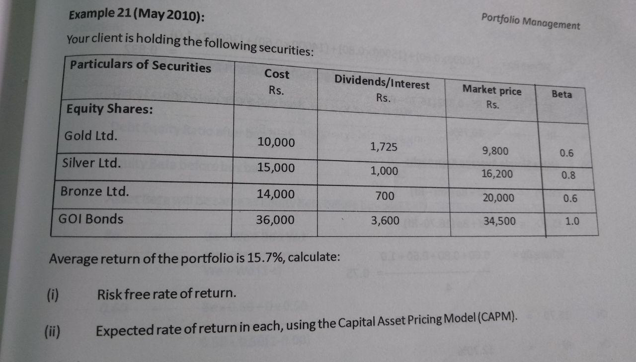  Portfolio Management Example 21(May 2010): Your client is holding the following