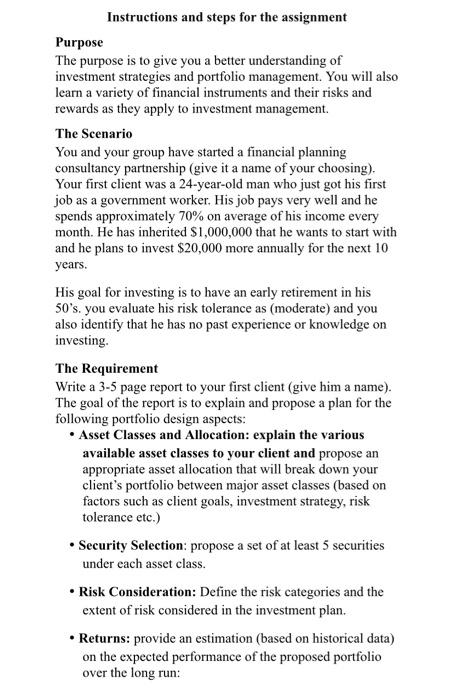  Instructions and steps for the assignment Purpose The purpose is to