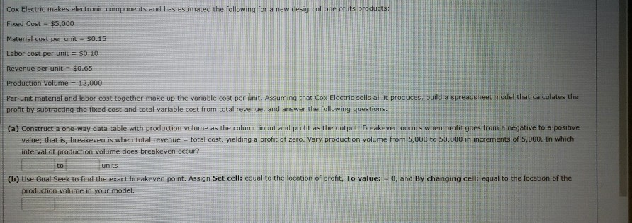  Cox Electric makes electronic components and has estimated the following for