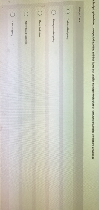  A budget system based on expected activities and their levels that