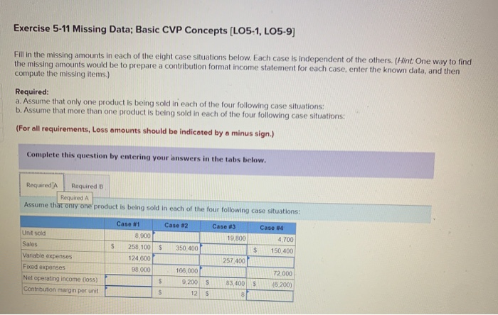  Exercise 5-11 Missing Data; Basic CVP Concepts [LO5-1, LO5-9) Fill in
