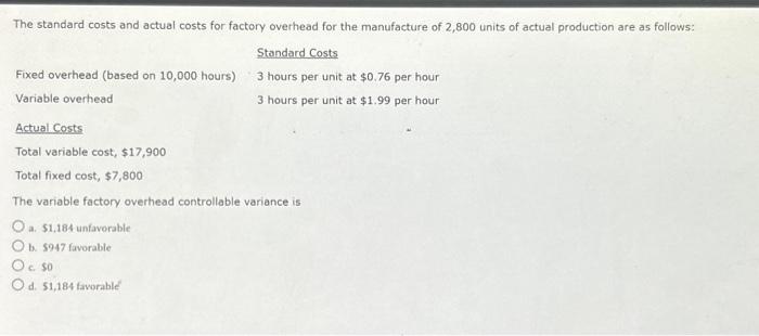 The Standard and actual for factory overhead for the manufacture of 2,800