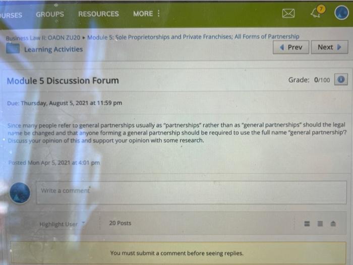  BURSES GROUPS RESOURCES MORE Business Law il: OAON ZU20 Module 5: