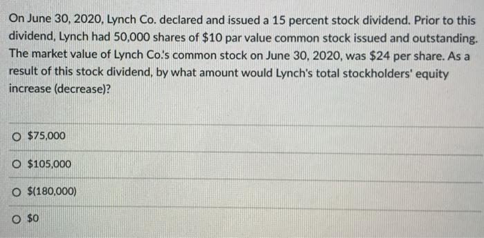  On June 30, 2020, Lynch Co. declared and issued a 15