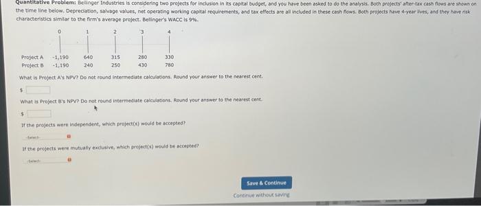 Quantitative Problem: Bellinger Industries is considering two projects for inclusion in