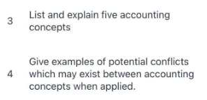 3 List and explain five accounting concepts 4 Give examples of
