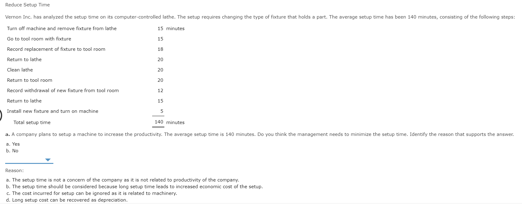  Reduce Setup Time Vernon Inc. has analyzed the setup time on