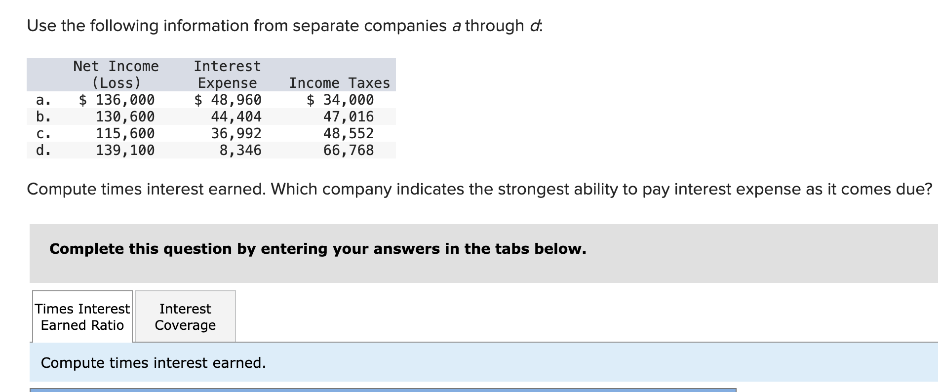 Use the following information from separate companies a through d: $ 34,000