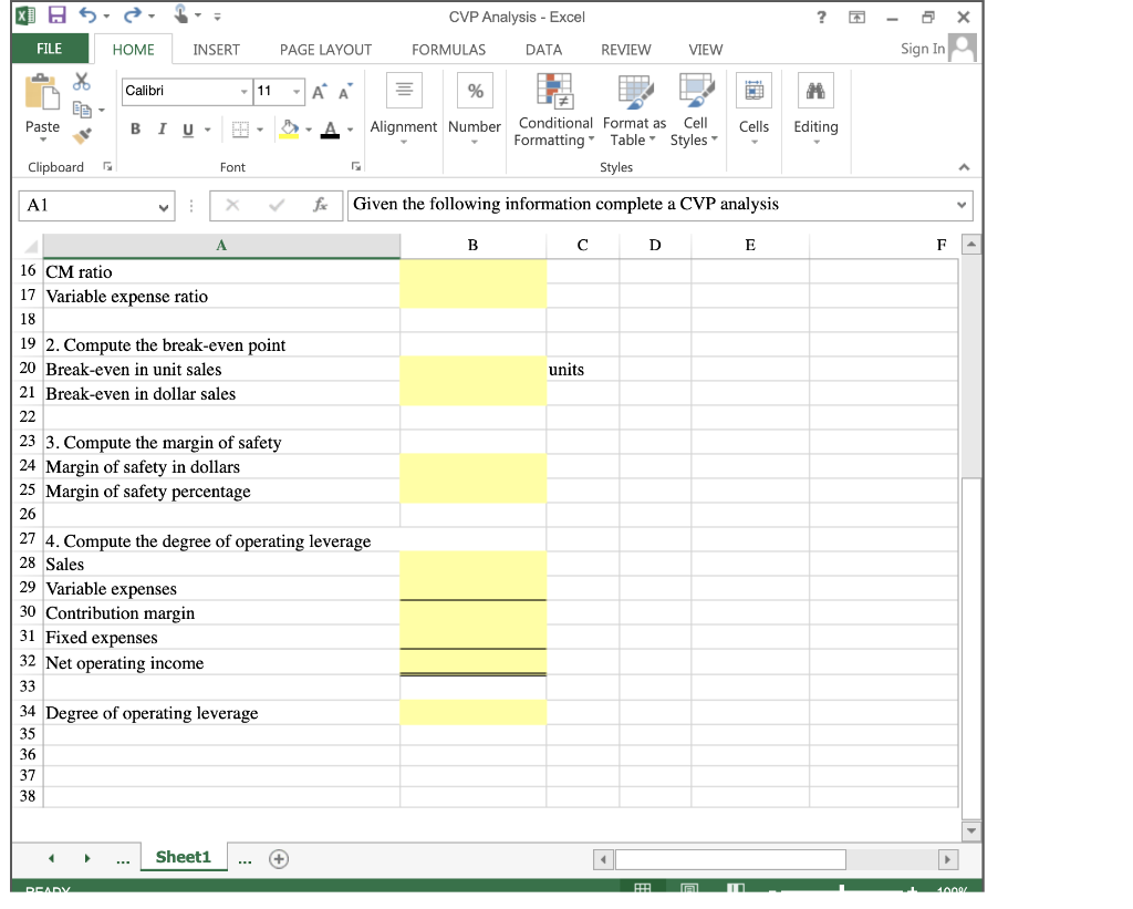 In FILE SS.BE HOME INSERT Calibri B I U - CVP Analysis