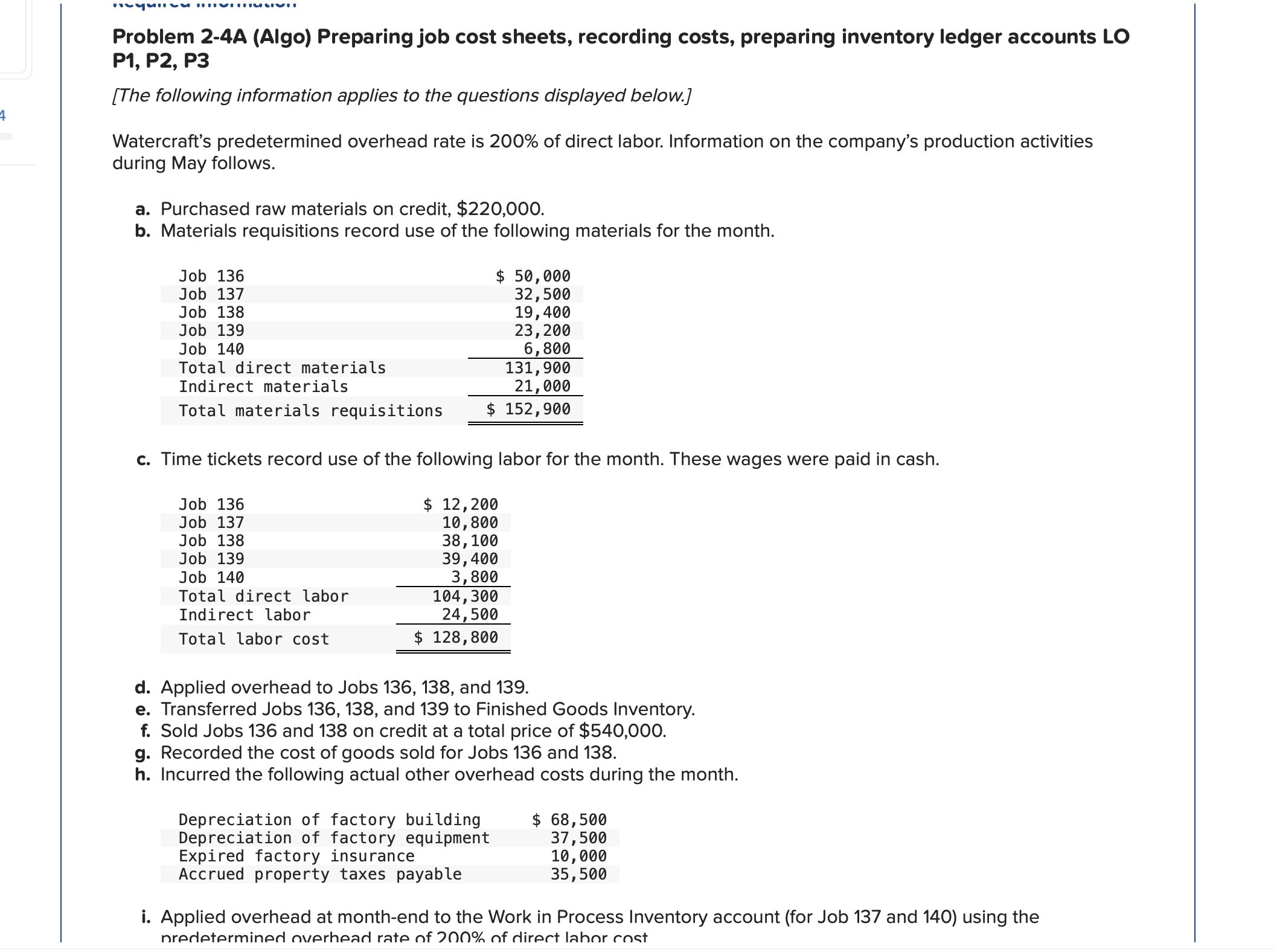  Problem 2-4A (Algo) Preparing job cost sheets, recording costs, preparing inventory