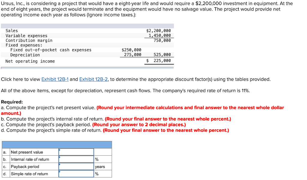  Ursus, Inc., is considering a project that would have a eight-year