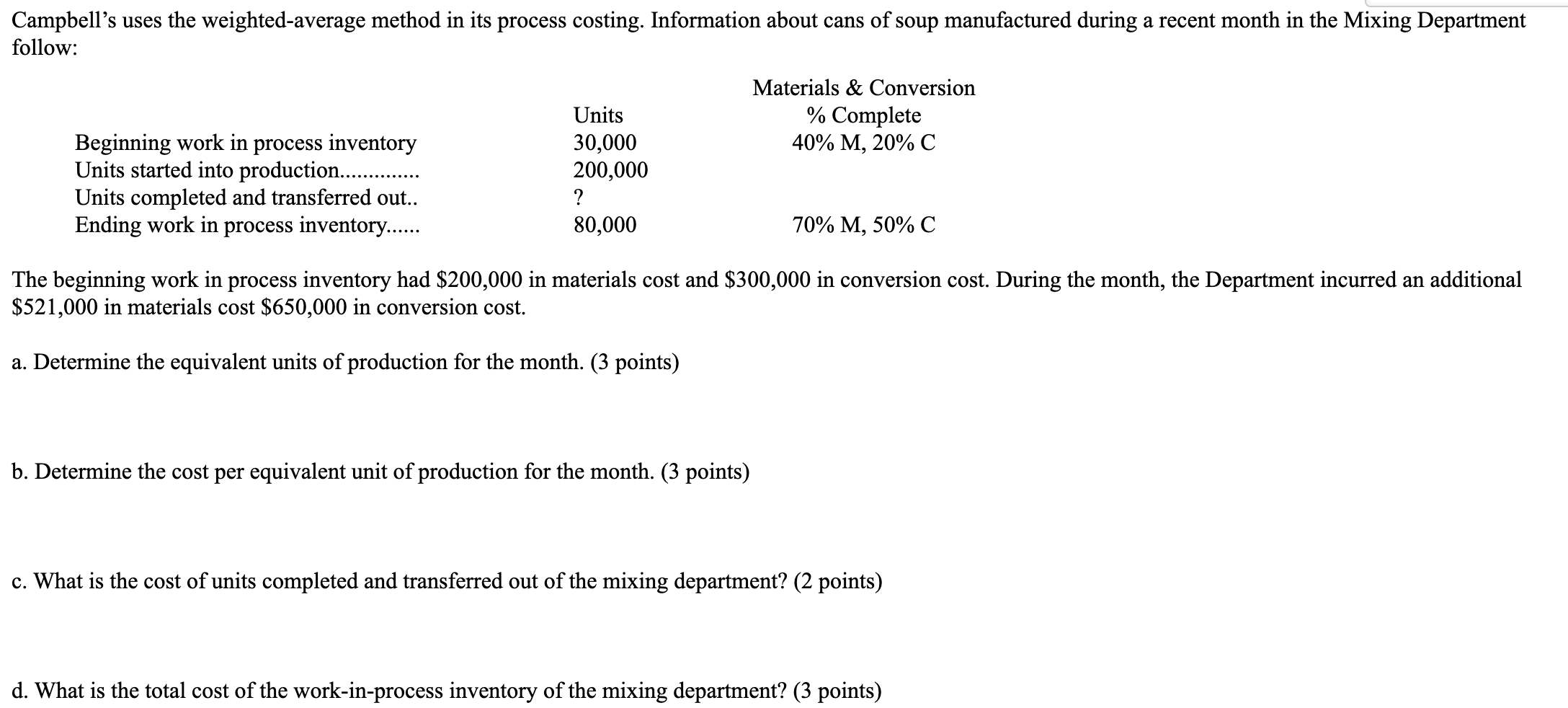  Campbell's uses the weighted-average method in its process costing. Information about