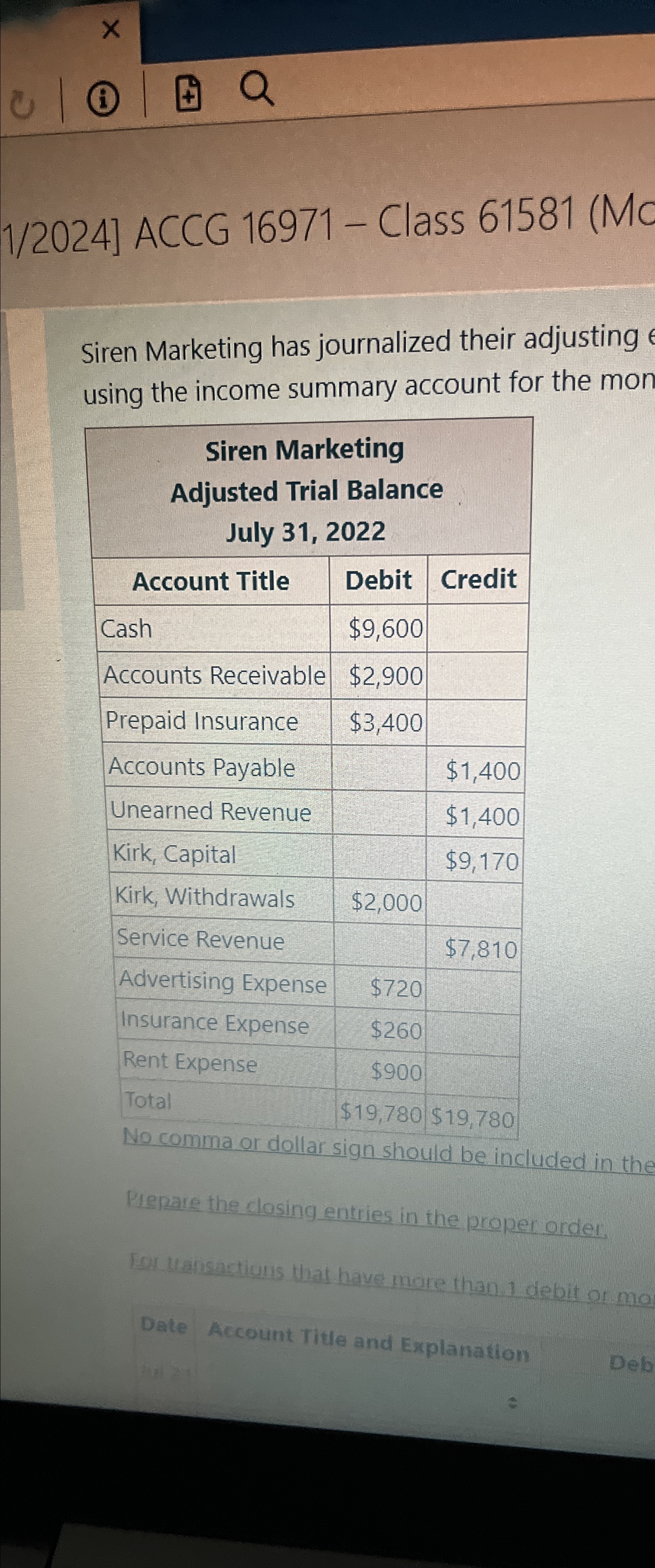  1/2024] ACCG 16971- Class 61581(Mc Siren Marketing has journalized their adjusting