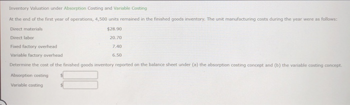  Inventory Valuation under Absorption Costing and Variable Costing At the end