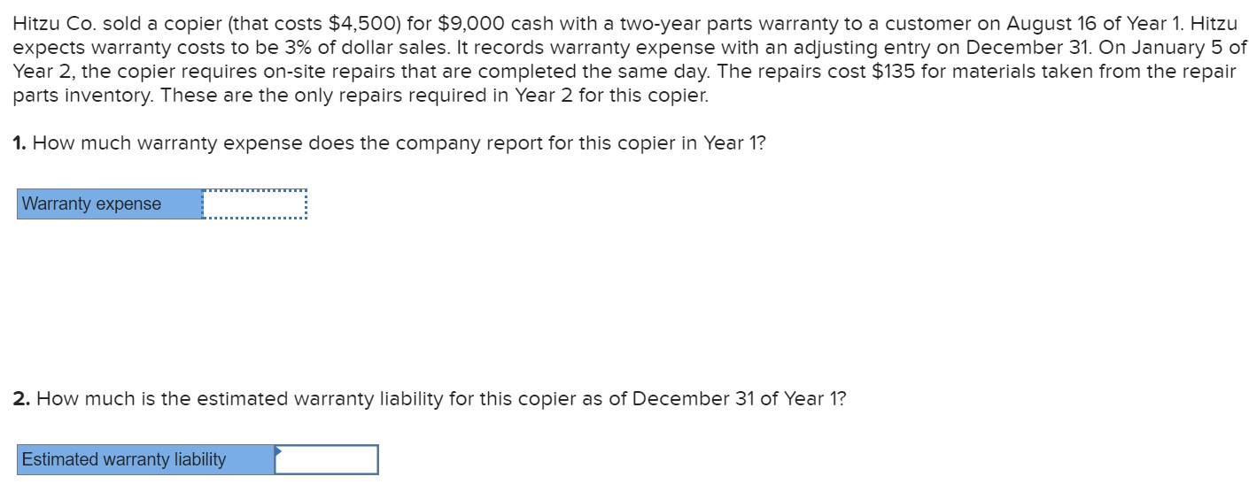  Hitzu Co. sold a copier (that costs $4,500) for $9,000 cash