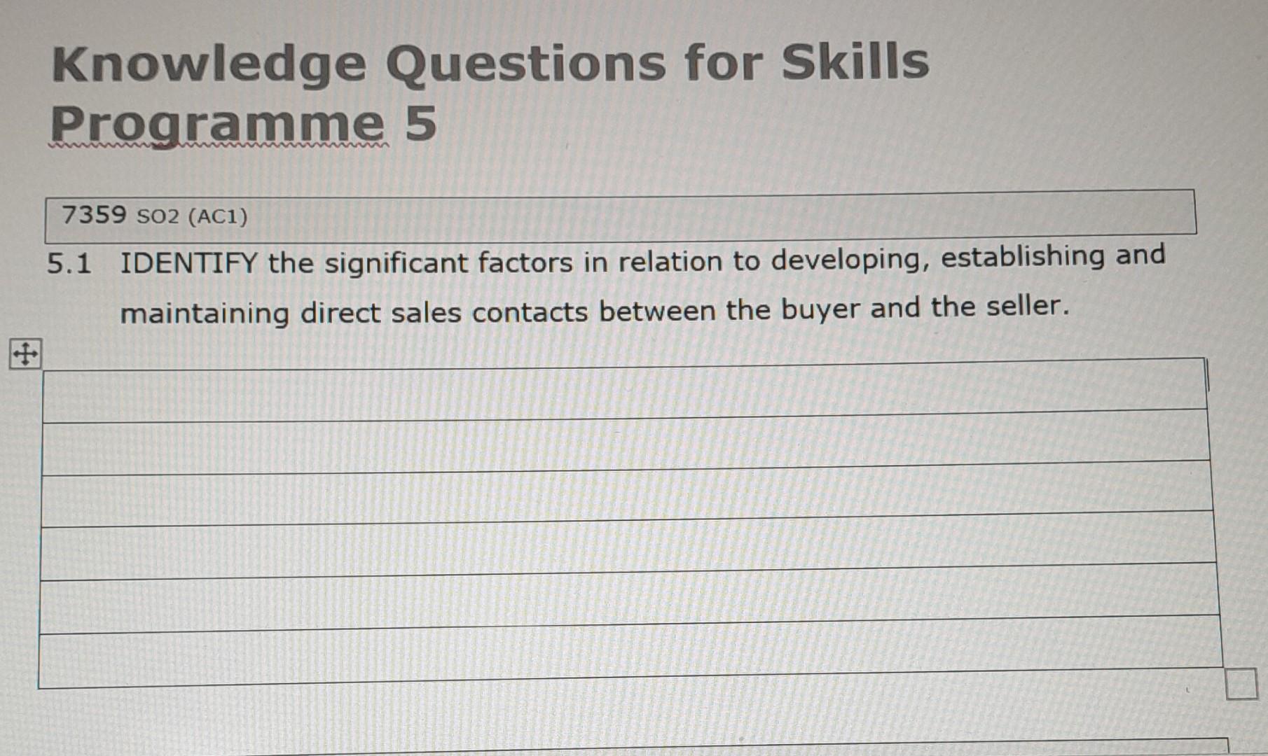 Knowledge Questions for Skills Programme 5 7359 SO2 (AC1) 5.1 IDENTIFY