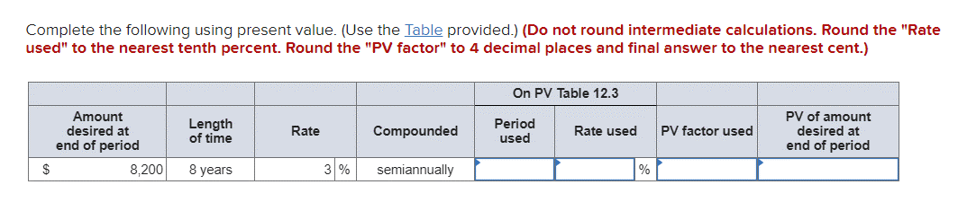  Complete the following using present value. (Use the Table provided.) (Do