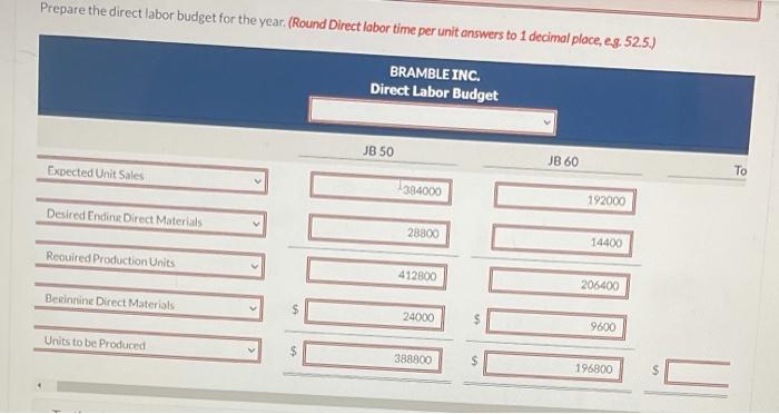 50 Product JB 60 Sales budget: 384,000 192.000 $35 $40 28,800 14.400