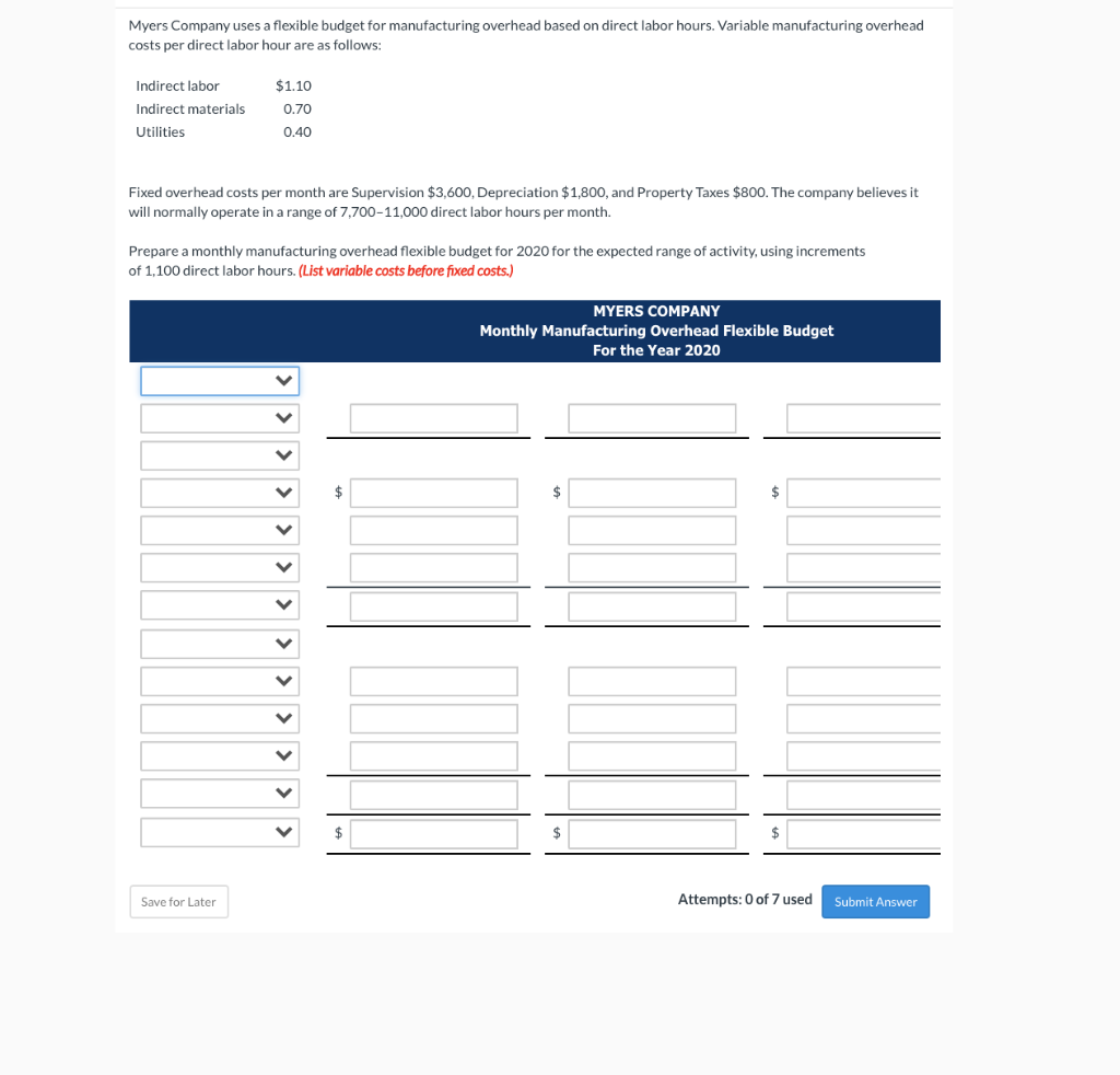 Company uses a flexible budget for manufacturing overhead based on direct labor