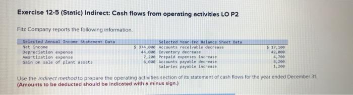  Exercise 12-5 (Static) Indirect: Cash flows from operating activities LO P2