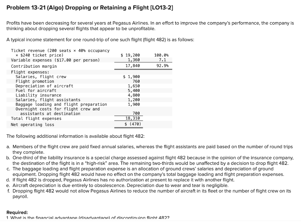  Problem 13-21 (Algo) Dropping or Retaining a Flight [LO13-2] Profits have