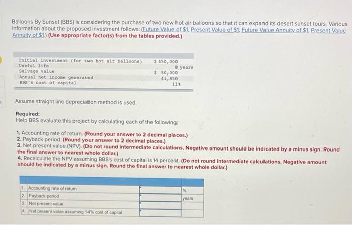 please help Balloons By Sunset (BBS) is considering the purchase of two