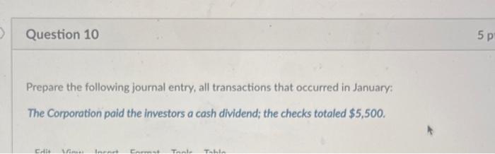  > Question 10 5 p Prepare the following journal entry, all