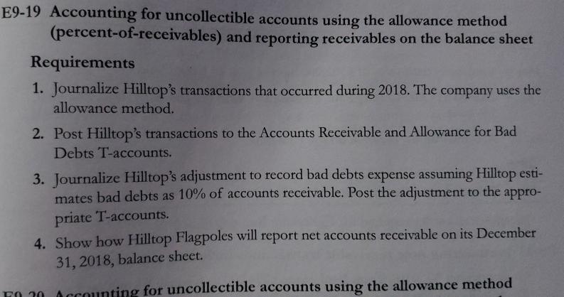 January 1, 2018, Hilltop Flagpoles had Accounts Receivable of $28,000, and Allow-