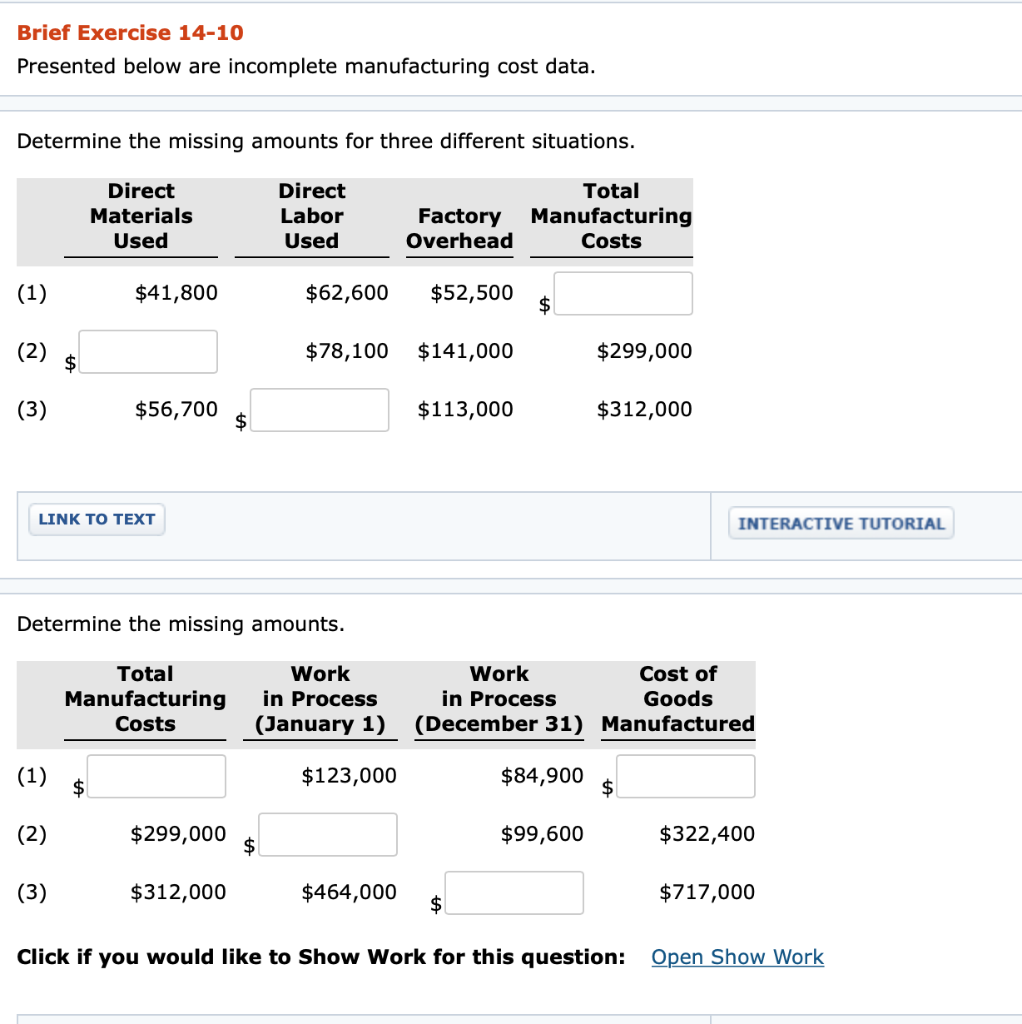 Brief Exercise 14-10 Presented below are incomplete manufacturing cost data. Determine