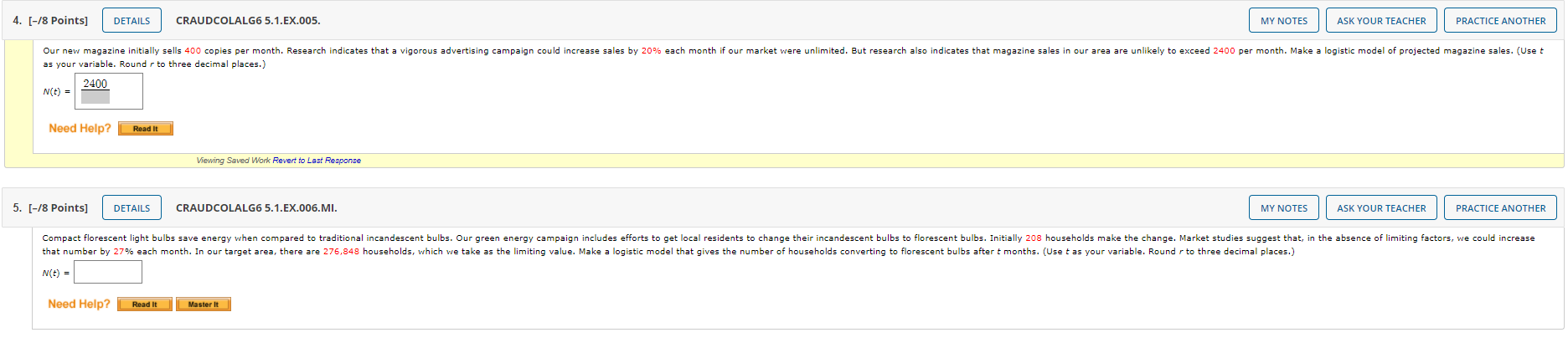  4. (-18 points) DETAILS CRAUDCOLALG6 5.1.EX.005. MY NOTES ASK YOUR TEACHER