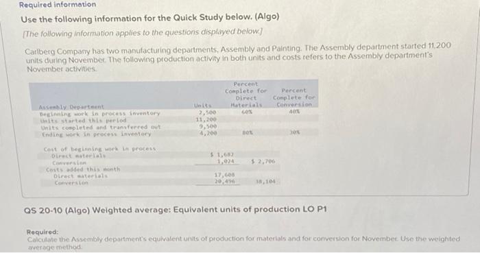  Required information Use the following information for the Quick Study below.