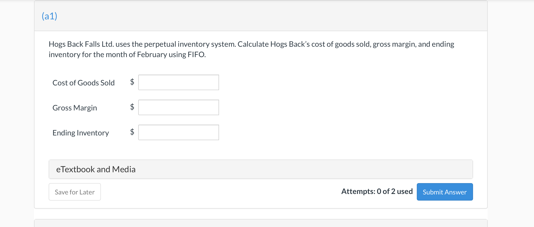  (a1) Hogs Back Falls Ltd. uses the perpetual inventory system. Calculate