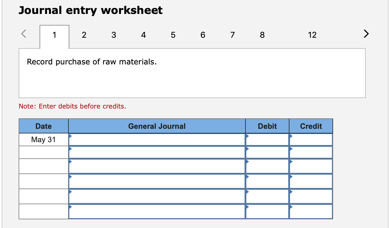 Journal entry worksheet Record purchase of raw materials. Note: Enter debits