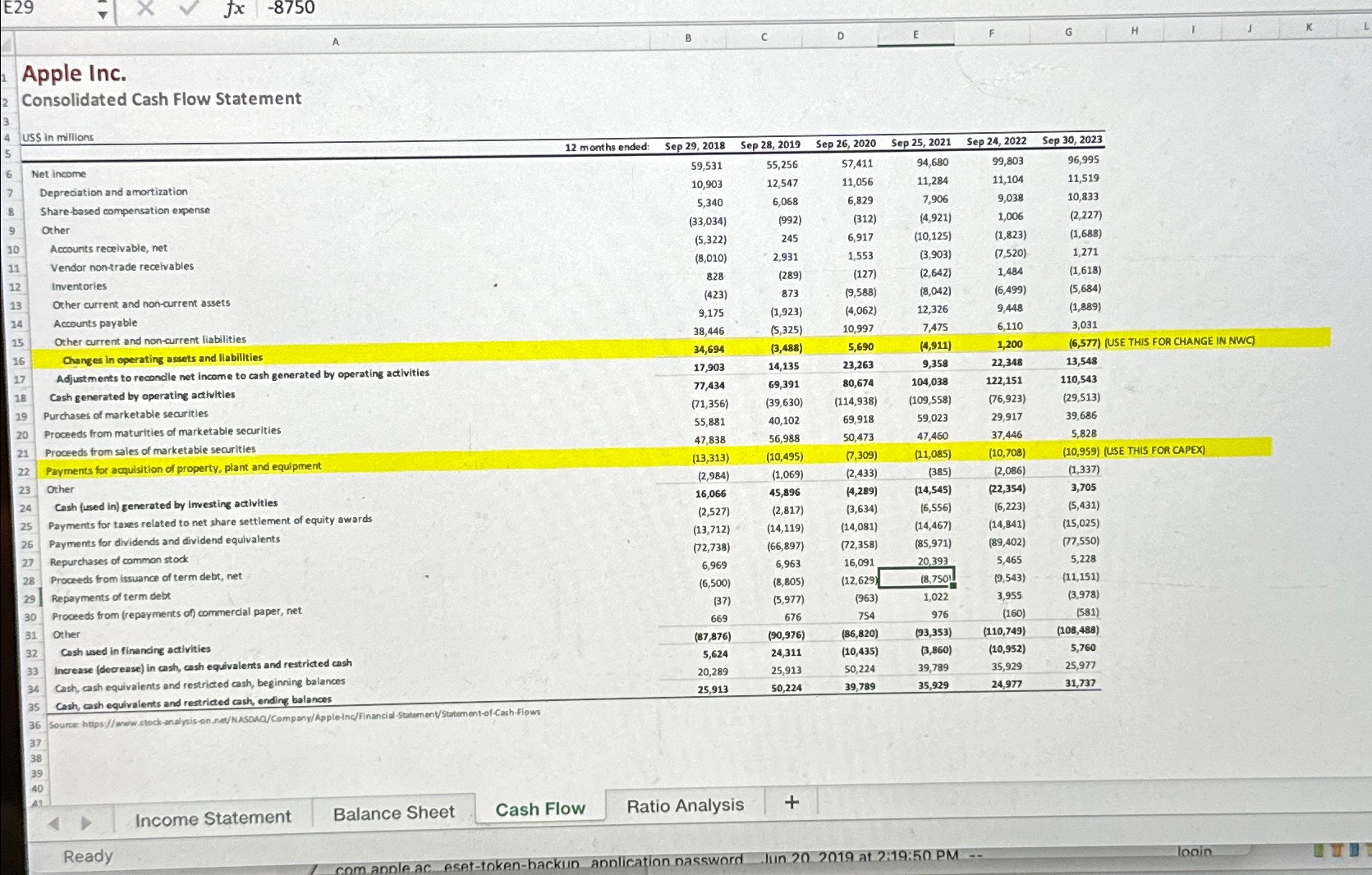 Apple Inc. Consolidated Cash Flow Statement USS in Net 4 s 6