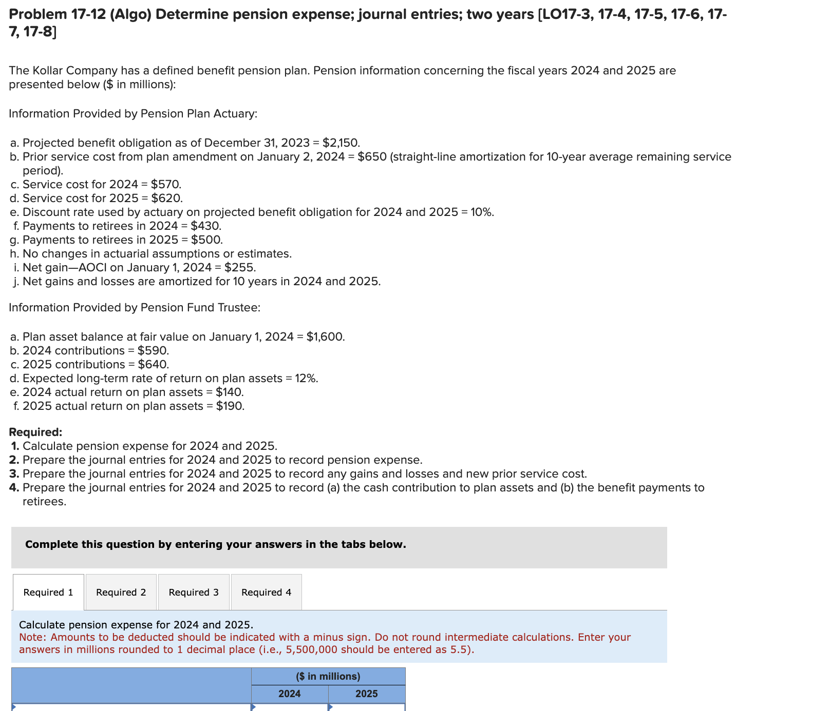  Problem 17-12(Algo) Determine pension expense; journal entries; two years [L017-3,17-4,17-5,17-6,17- 7,17-8